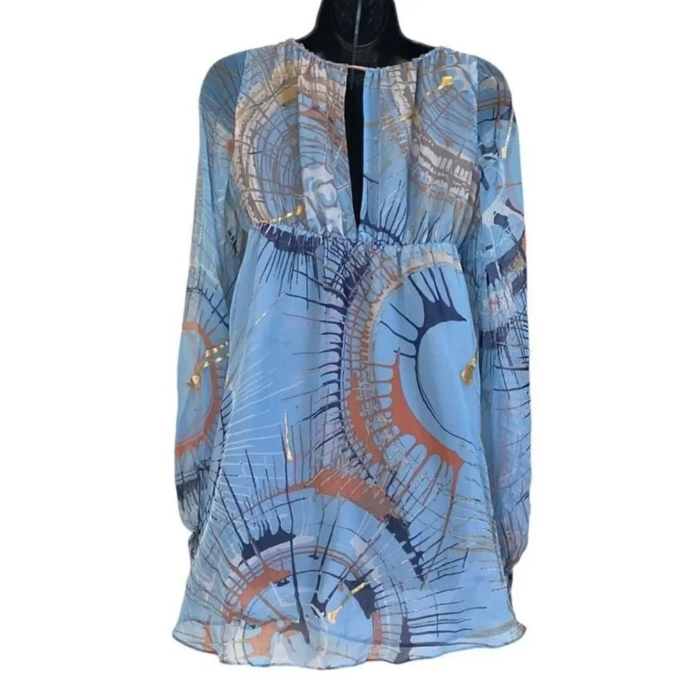 Vintage La Rox Blue Silk Metallic Long Sleeve Babydoll Evening Mini Dress Size L